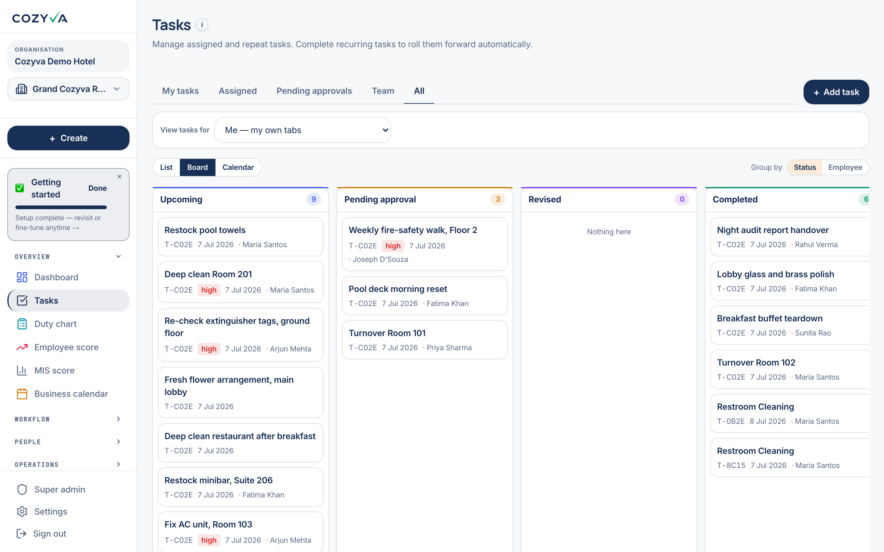 The real Cozyva task board: the whole day for the demo hotel, live