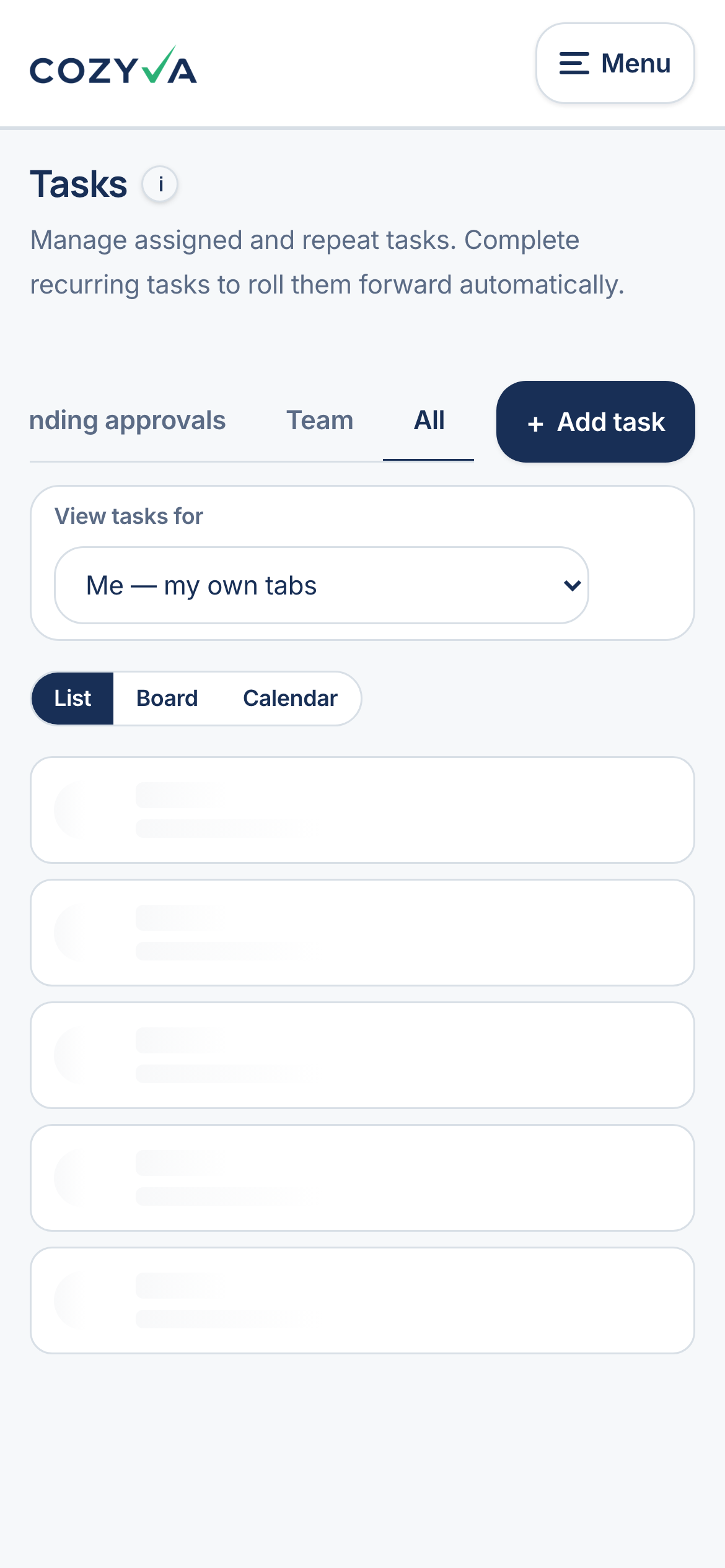 The real Cozyva task list on a phone